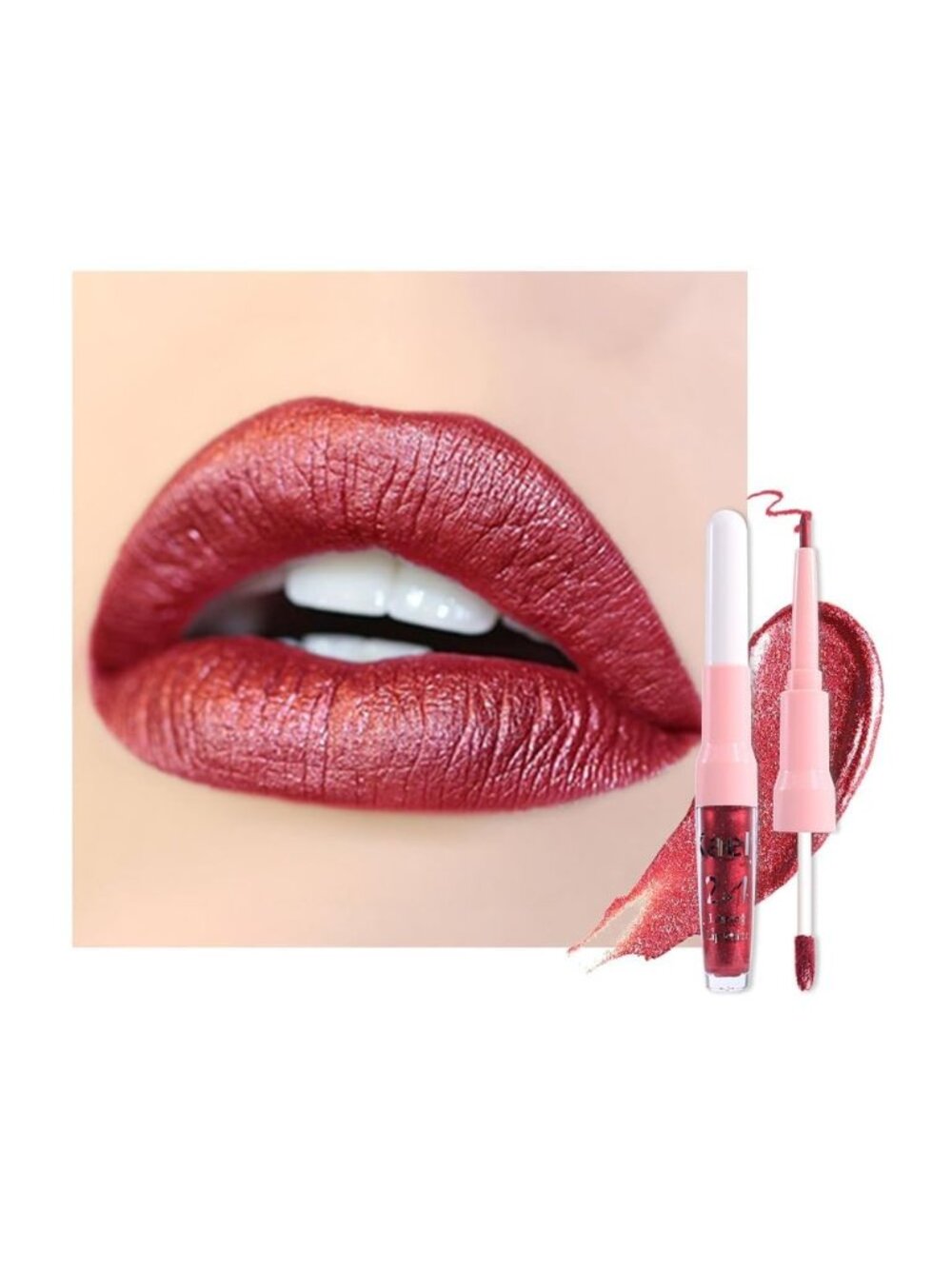 Womens 01# Dark Red-Metallic 2-in-1 Metallic Long Lasting Lipstick And Lip Liner